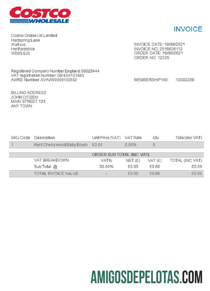 Fatura Costco dos EUA amostra